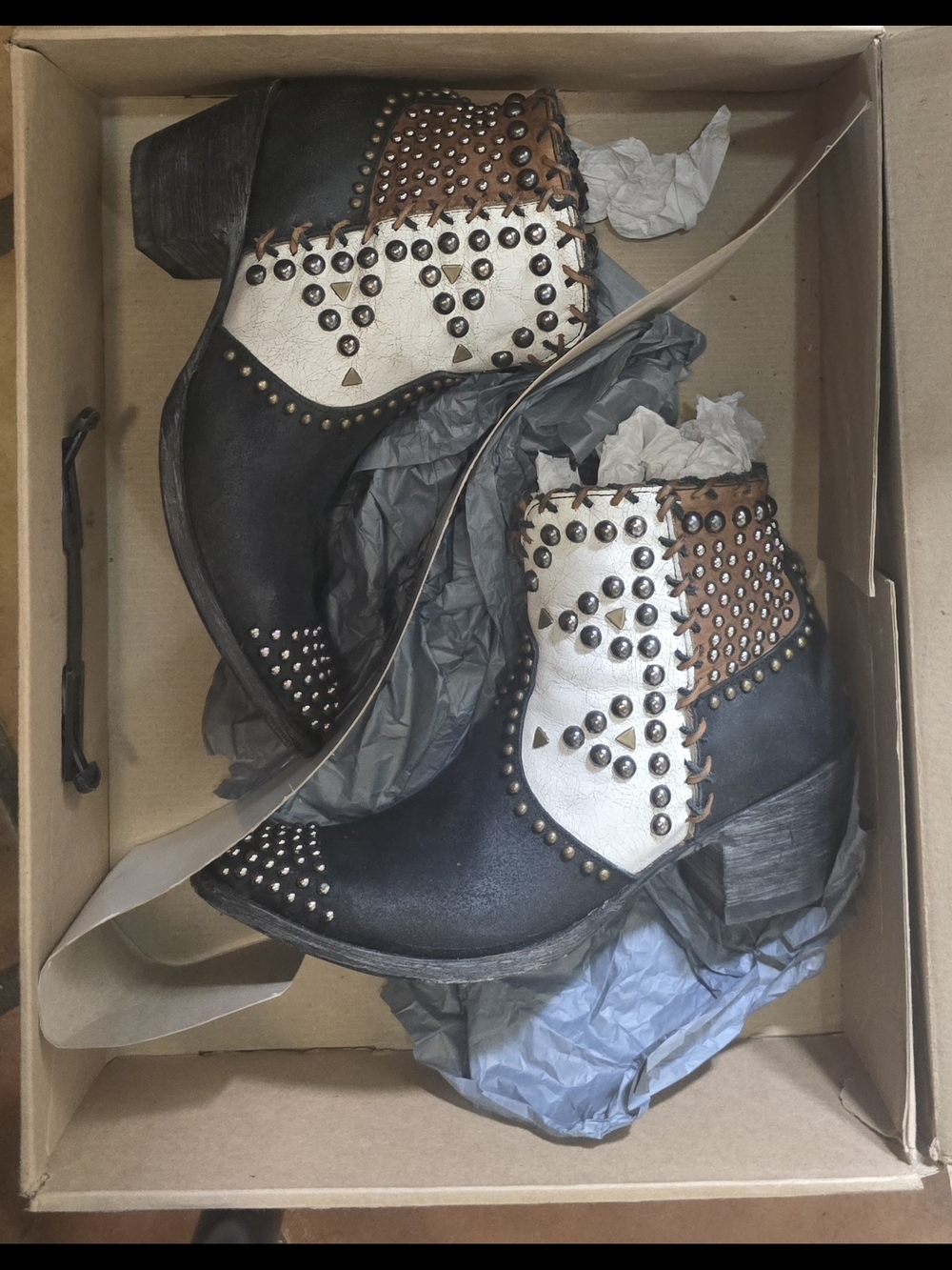 Old Gringo Black, White & Brown Studded Leather Ankle Booties